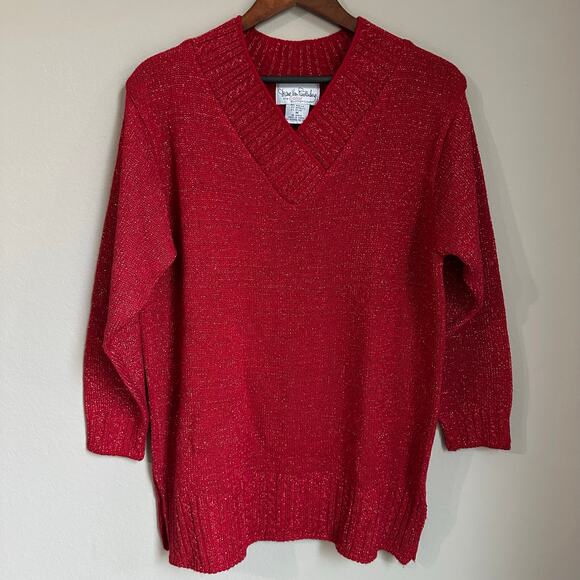 Vintage 90s Diane Von Furstenberg Long Sweater Red Sparkle Oversized Holiday - Picture 1 of 8